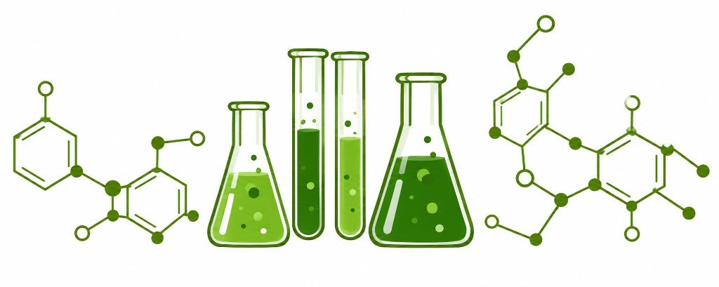 Laboratory flasks, test tubes and molecular structures