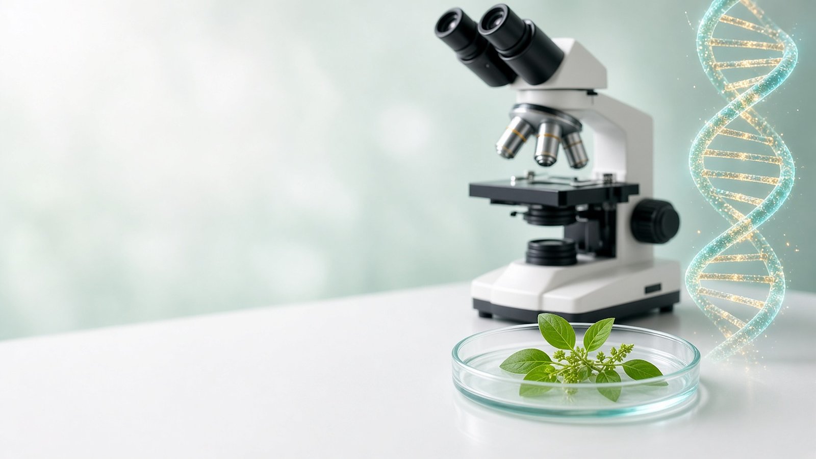 Microscope, plant sample and DNA helix